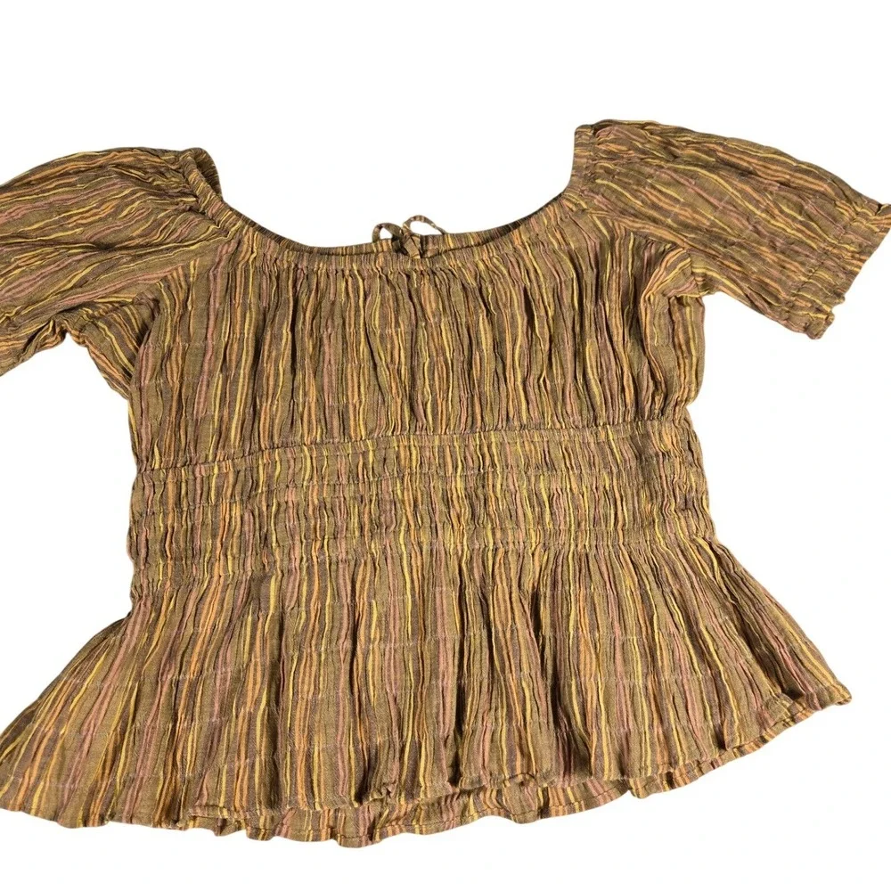 Free People Smocked Peplum Top Brown Striped Puff Sleeve OB1140494 Women Small